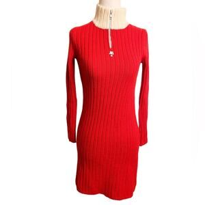 Vintage 1970’s Courreges 21 Ribbed Mock Neck 1/4 Zip Sweater Dress Mod 38 Red